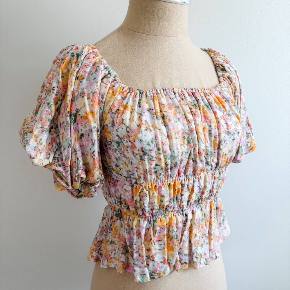 Altar'd State Smocked Puff Sleeve Cropped Floral Top - Picture 3 of 10